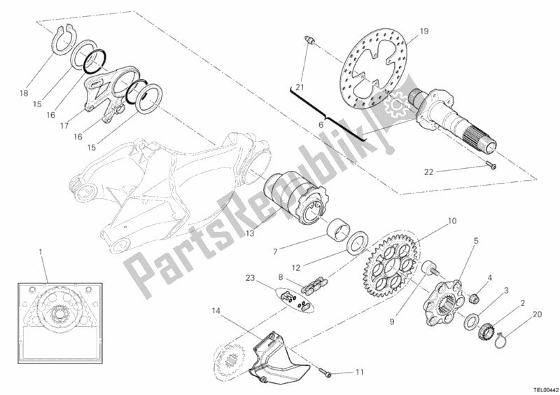 All parts for the Rear Wheel Spindle of the Ducati Superbike 1098 USA 2007